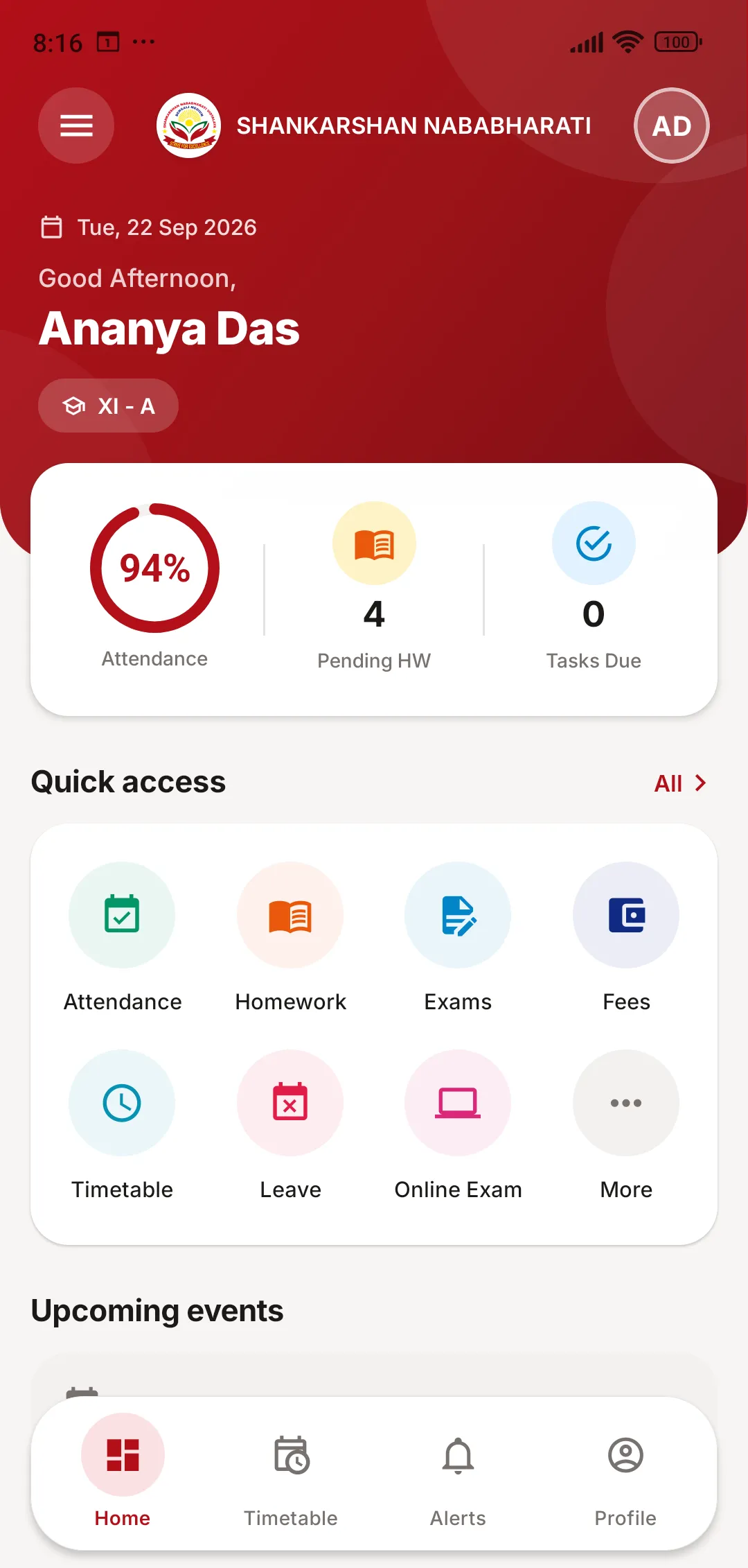 JCABS school app student dashboard showing 94% attendance, 4 pending homework tasks and quick links to attendance, homework, exams, fees, timetable, leave and online exams