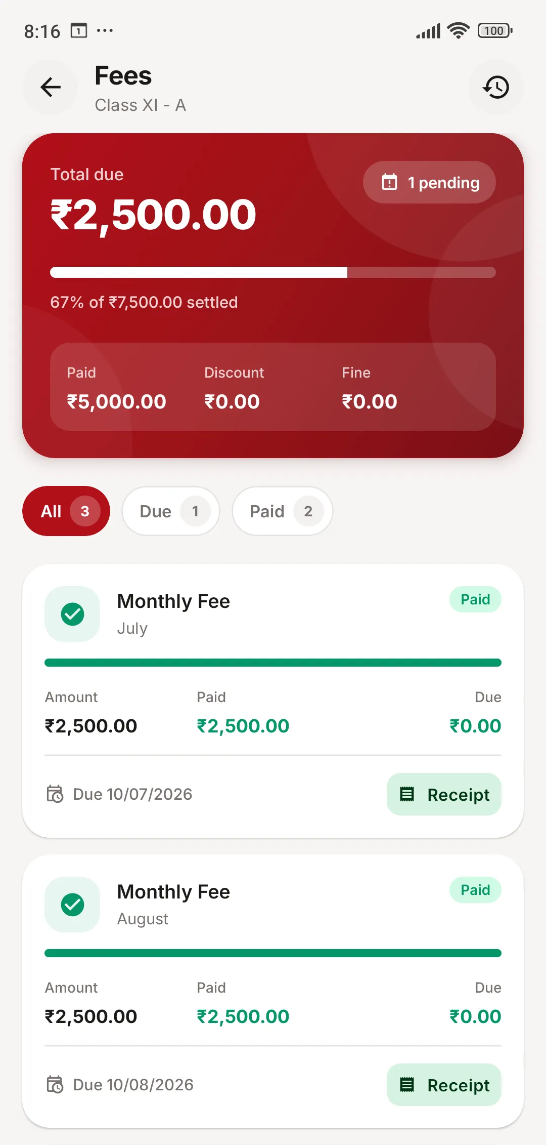 JCABS school app fees screen showing total due, the share already settled, and monthly fee items marked paid with receipt buttons