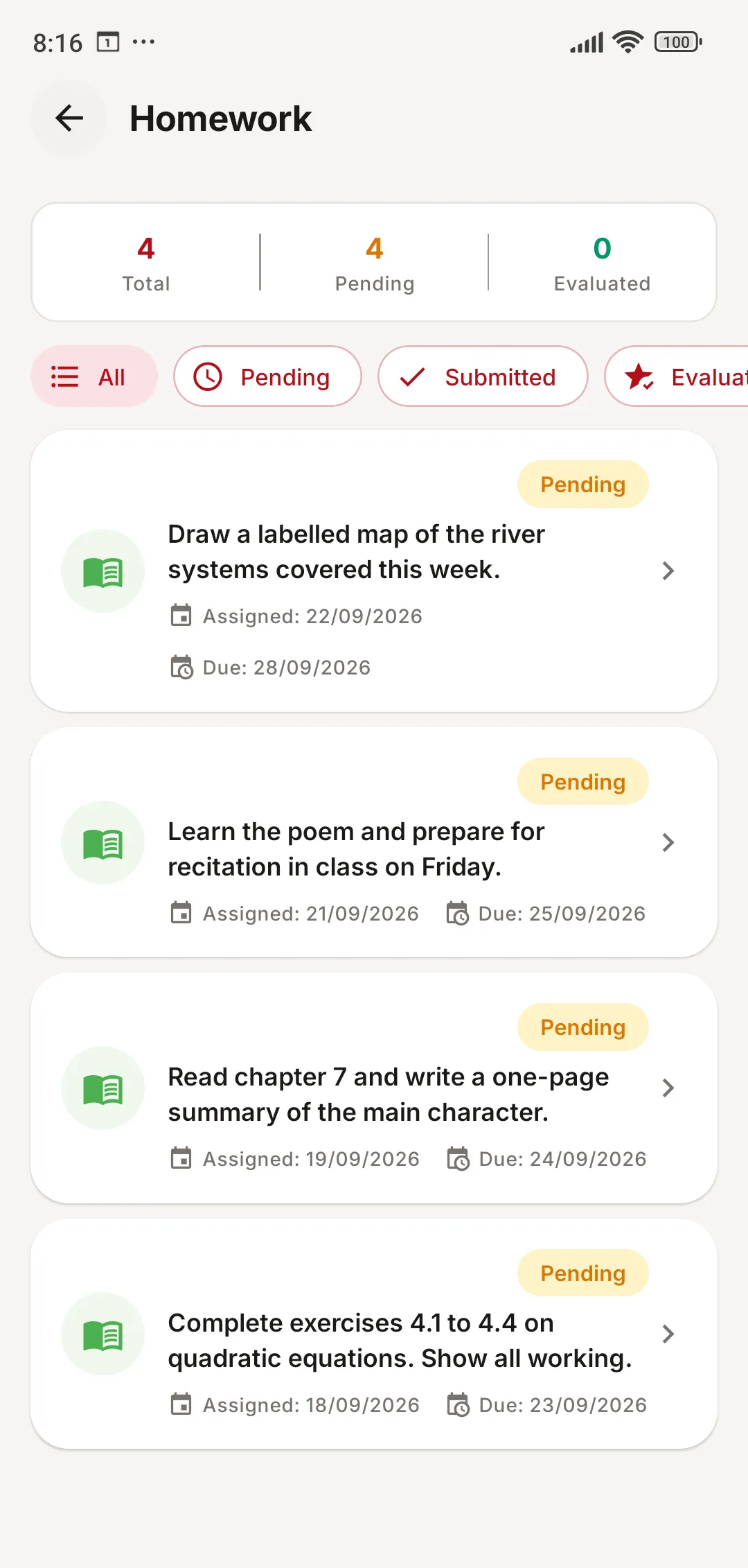 JCABS school app homework list with pending, submitted and evaluated filters and tasks showing assigned and due dates